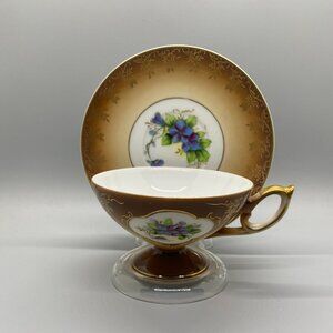 Shafford Japan Handpainted Violets Pedestal Cup and Saucer with Stand
